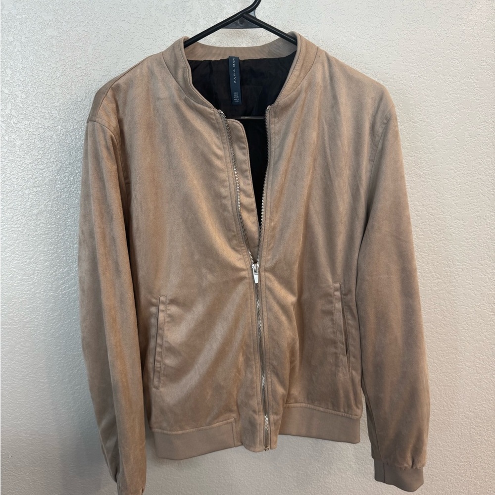 Zara Man Faux Suede Bomber Jacket - Beige